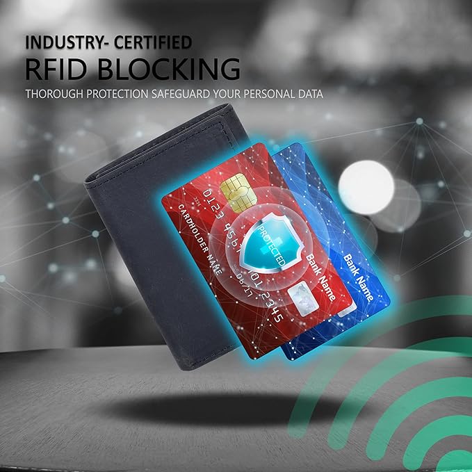 Real Leather Mens Trifold Wallet RFID Blocking Slim Minimalist Front Pocket - Thin & Stylish with ID Window in Gift Box