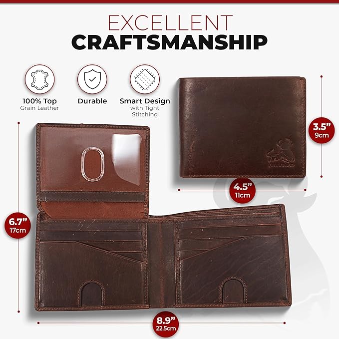 Mens RFID Blocking Bifold Wallet Supple Top Grain Leather Secure & Durable Extra Capacity Billfold with 11 Credit Cards Slots, Quick Thumb Push Access, Flip Up ID in Heritage Burgundy, Gift Ready
