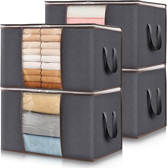Lifewit 4 Pack 60L Clothes Storage Bins with Lids, Foldable Blanket Storage Bags with Zippers, Clear Window and Reinforced Handles, Closet and Organization for Clothing, Sweater, Comforter, Bedding