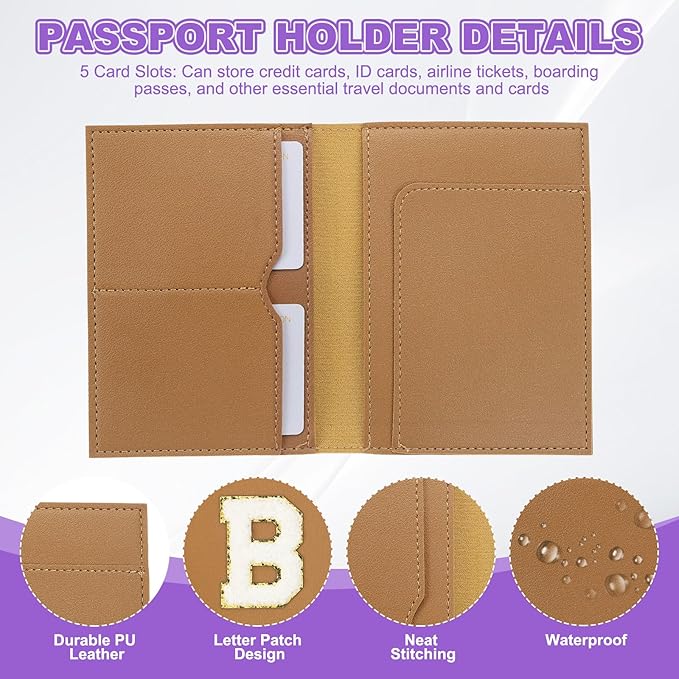 PATIKIL Passport Holder for Travel, Initial Passport Cover and Luggage Tag Set with Alphabet Chenille Letter Patch Travel Wallet Bag Suitcase Identifier for Women Family Travel Brown B