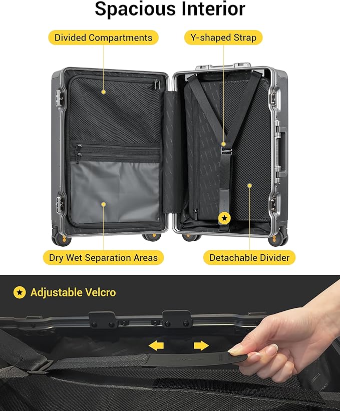 LEVEL8 Zipperless Carry On Luggage Airline Approved with Aluminum Frame, Hard Shell Suitcase with Spinner Wheels, Metal Checked Luggage with Double Tsa Locks, 20 Inch, Grey