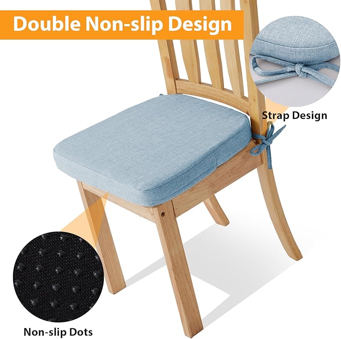 Chair Cushions for Dining Chairs, 2" Thick Seat Cushions for Kitchen Chairs, D-Shaped Chair Pads with Washable Cover, Ties and Non Slip Backing, 17'' x 16'', Set of 6, Light Blue