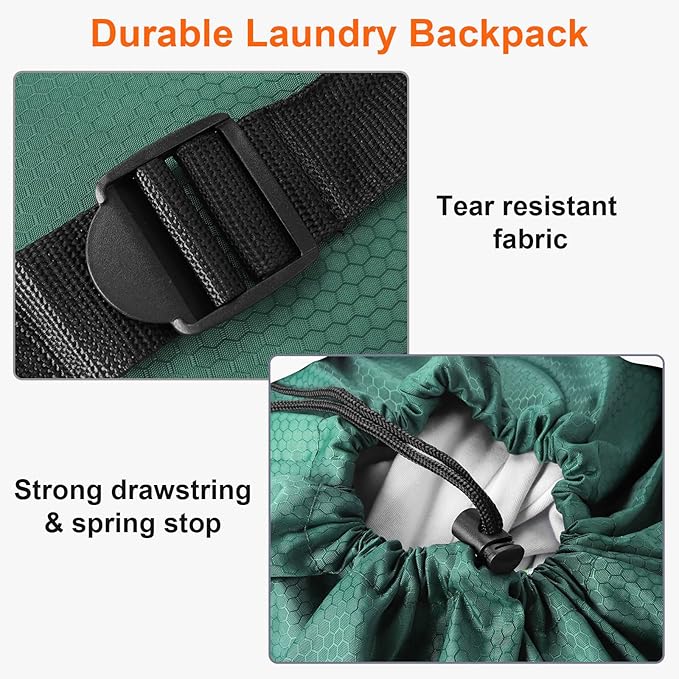 Laundry Bag Backpack Durable Laundry Bag with Shoulder Straps and Mesh Pockets Portable Laundry Dirty Clothes Hamper Bag for College Dorm (Green)
