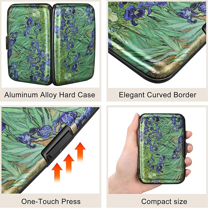 ELFISH Mini RFID Aluminum Wallet Credit Cards Holder Business Card Case Metal ID Case for Men Women(Iris Flower)