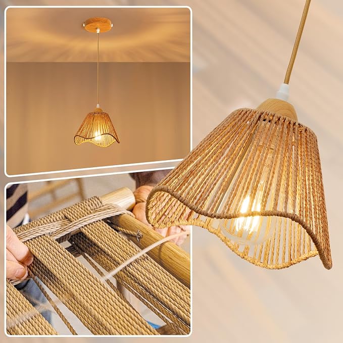 Boho Rattan Pendant Light for Kitchen Island Wave Hanging Lamp | Handwoven Rattan Shade Adjustable Height 10-57 Inch E26 Base Farmhouse Chandeliers for Kitchen Islands And Dining Rooms