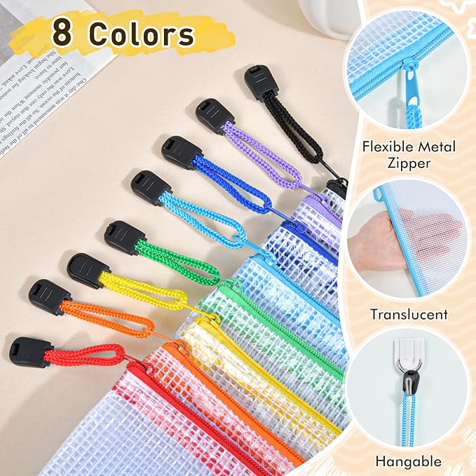 26pcs Mesh Zipper Pouch Bags, 8 Sizes Plastic Zippered Storage Bags for Organizing, Clear Pouches with Zipper, Waterproof Mesh Pouch for Office School Supplies, Home Organize, Travel Storage