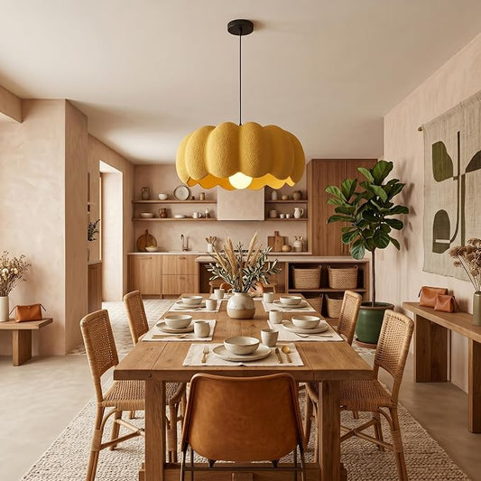 JAYMP Yellow Pumpkin Shape Pendant Light for Dining Room Kitchen Island Hallway Farmhouse Style Hanging Lamp E26 Base, 40cm/15.8in