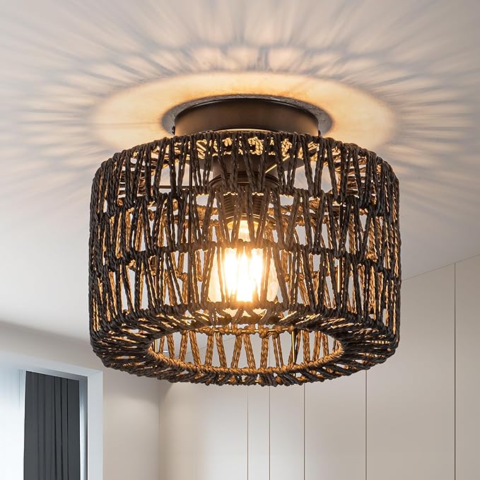 Rpzloila Rattan Ceiling Light, 1 Light Farmhouse Woven Flush Mount Ceiling Light, Boho Light Fixture for Bedroom Living Room Hallway Entryway, Black Finish