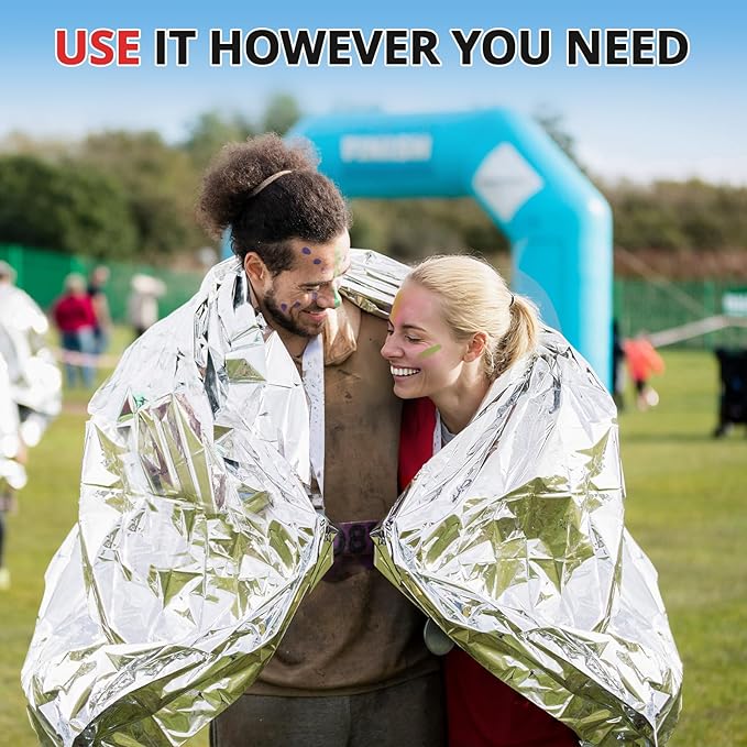 SecuCaptain Survival Emergency Thermal Blankets: 50 Pack Extra Large 84” x63” Space Mylar Blanket Kit for Outdoor Cold Winter Camping Hiking Car Bug Out Bag or First Aid