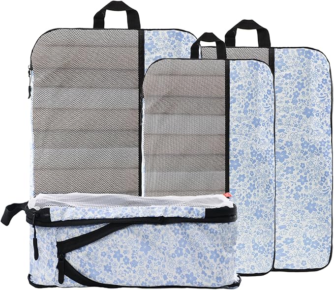 U+U 4 Set Compression Packing Cubes - Ultralight Travel Organizers, Space-Saving Suitcase Organizer, Expandable Packing Cubes for Travel, Business Trip and Family Vacation (Blue Flower)