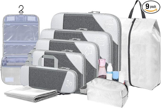 9-Set Packing Cubes with Hanging Bag | 9-Size Combination, Mesh Fabric & Reflective Stripe | Travel Luggage Organizers (Beige)