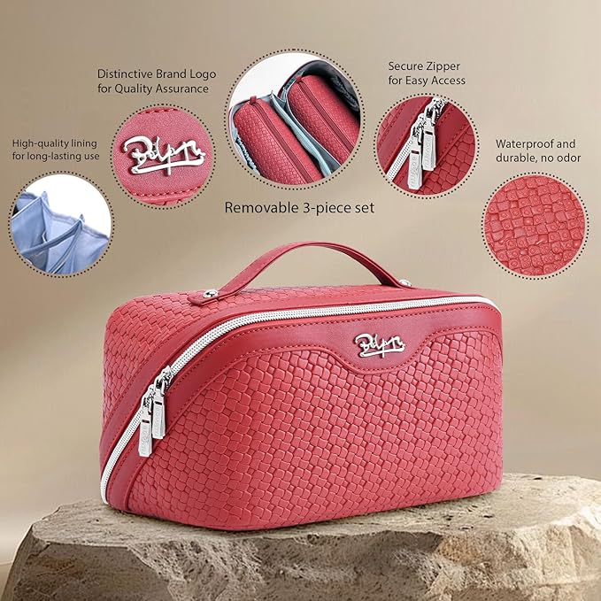 BOYATU Travel Makeup Bag Cosmetic Bags for Women: Large Capacity 3 Pcs Set Make up Bag with Compartments - Waterproof Vegan Leather Toiletry Organizer Bags with Handle (L54Rose)