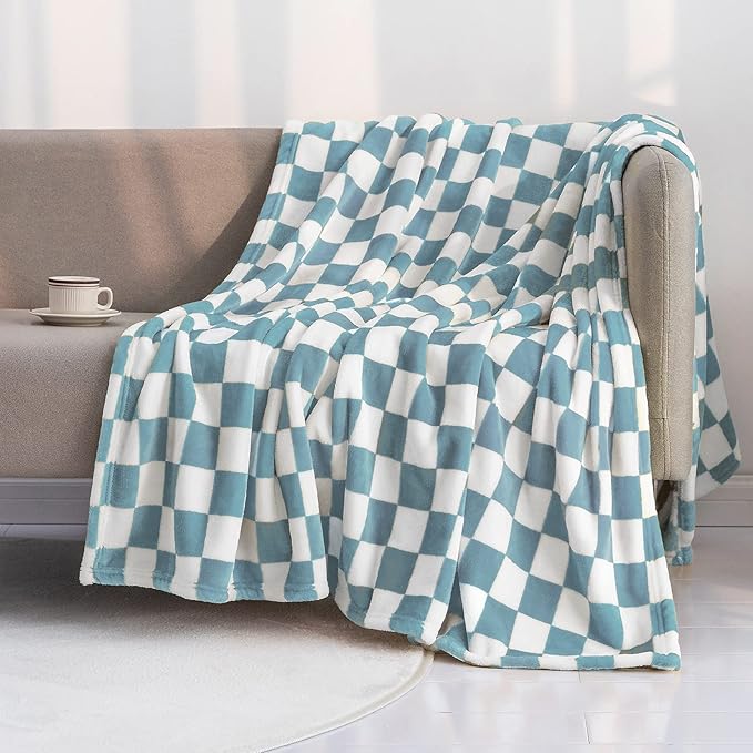 LOMAO Throw Blankets Flannel Blanket with Checkerboard Grid Pattern Soft Throw Blanket for Couch, Bed, Sofa Luxurious Warm and Cozy for All Seasons (Light Blue, 40"x60")