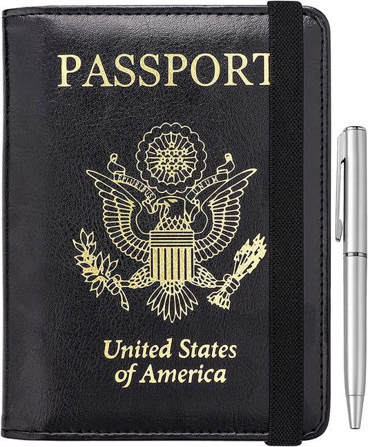 WALNEW Passport Holder for Travel, RFID Passport Cover Wallet for Women Men, PU Leather Passport Book Card Holder Case with Pen, Travelling Essentials for Flying