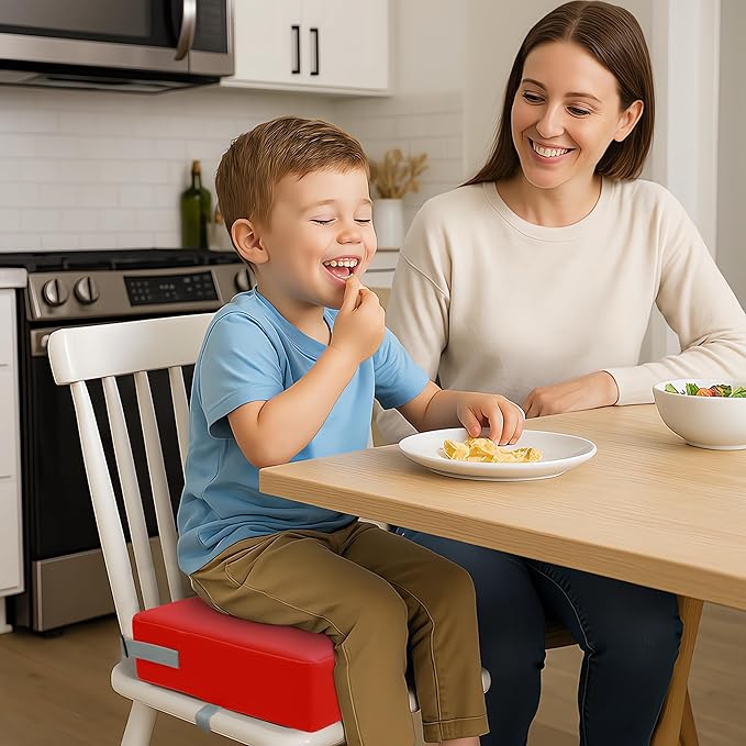 Toddler Booster Seat Dining Table Kitchen Chair, Waterproof Anti-Scratch PU Cushion, Non-Slip Bottom, Adjustable Buckle Straps, Easy Clean Portable Seat Cushion (Red)
