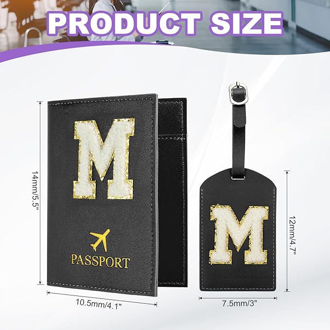 PATIKIL Passport Holder for Travel, Initial Passport Cover and Luggage Tag Set with Alphabet Chenille Letter Patch Travel Wallet Bag Suitcase Identifier for Women Family Travel Black M