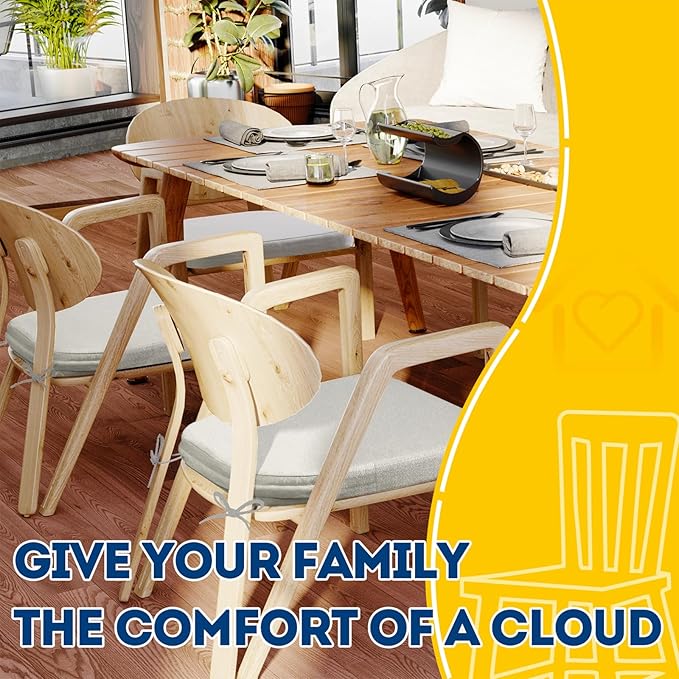 AAAAAcessories D-Shaped Chair Cushions, 2" Thick Dining Chair Pads with Ties and Removable, Machine-Washable Cover, 17" x 16", Set of 6, Natural Linen