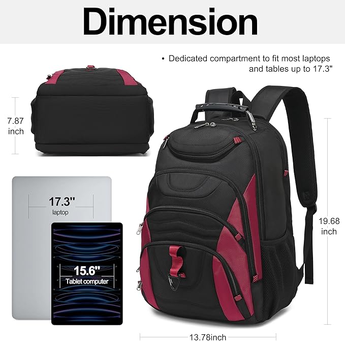 Boavan Laptop Backpack for men, 17.3 inch Laptop Bag with USB Port, Waterproof Travel Work Backpack Purse, Anti-Theft Teacher Nurse Doctor Casual Bookbags Office Business backpack，Black&Russet Red