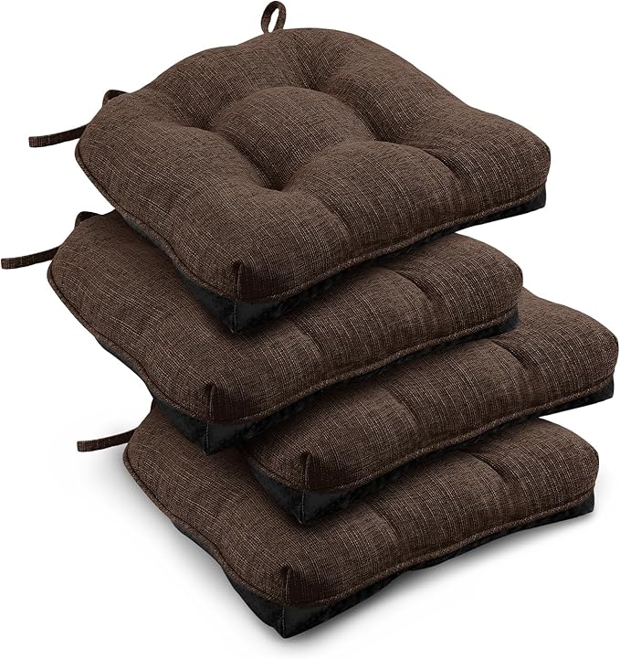 downluxe Indoor Chair Cushions for Dining Chairs, Tufted Overstuffed Textured Foam Kitchen Chair Pads with Ties and Non-Slip Backing, 15.5" x 15.5" x 4", Brown, 4 Pack