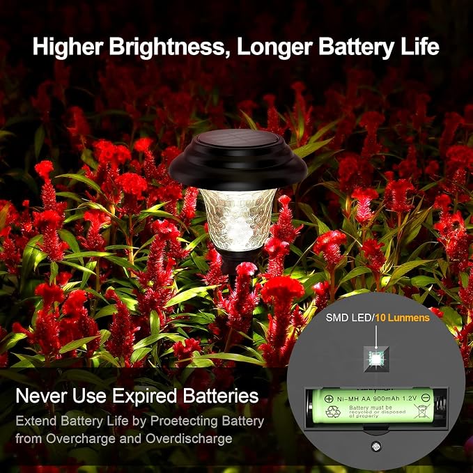 Glass Solar Lights Outdoor waterproof, 2 Pack Super Bright Solar Pathway Lights, Up to 12 Hrs Long Last Auto On/Off Garden Lights Solar Powered, Stainless Steel LED Light For Yard Landscape Cool White