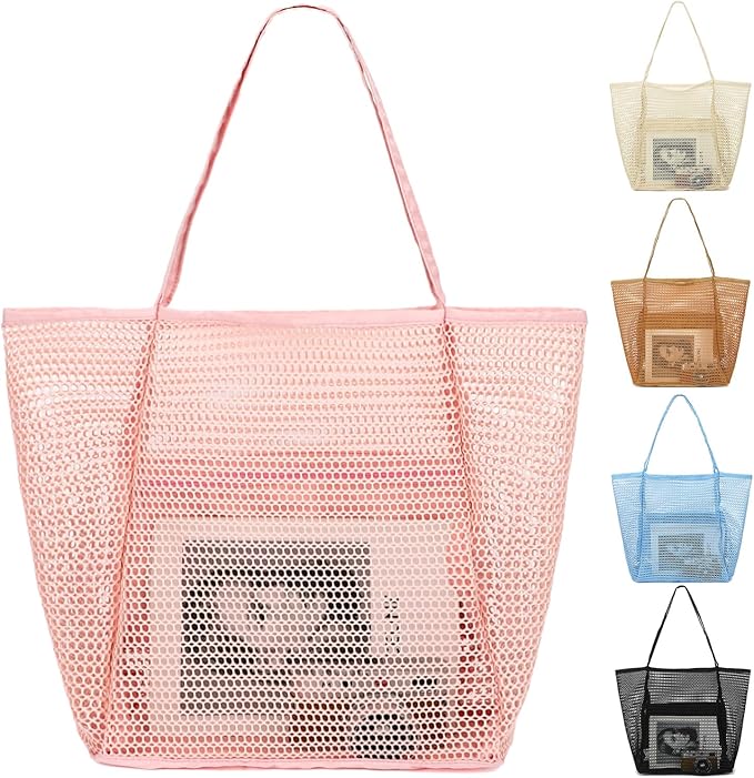 Fammart Mesh Beach Bag, Large Beach Tote with Zipper Pocket, Toys Pool Bag for Family Travel Vacation Cruise Essentials