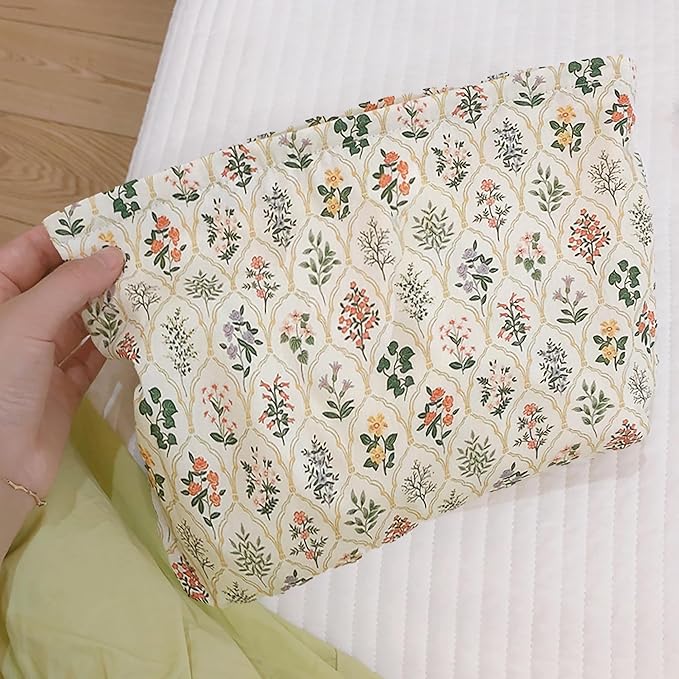 HAPPYHEIDI Large Aesthetic Floral Cotton Makeup Bag with Pocket Cute Cosmetic Travel Pouch, Make Up Organizer, Lightweigt, Zipper Closure