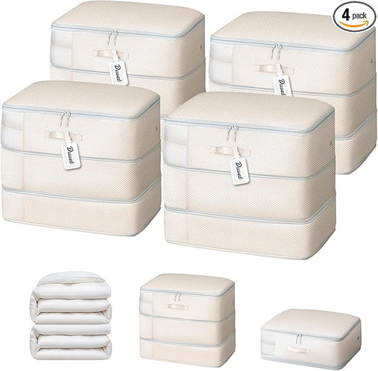 DIMJ Comforter Storage Bag - Large Capacity Ultra Space Saving Self Compression Organize for Duvet, Pillow, Bedding, Blanket Storage Organizer Nylon Compression Bags, Beige, 4 Pack