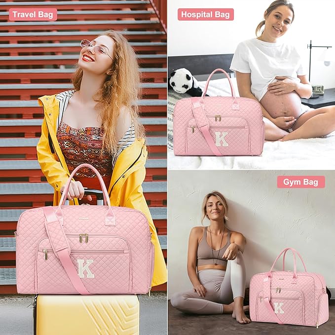 Letter Travel Duffle Bags for Women - Initial Personalized Weekender Bag with Shoe Compartment Carry On Overnight Bag with Toiletry Bag Duffel Bags Hospital Bags Birthday Gifts Pink (Letter K)