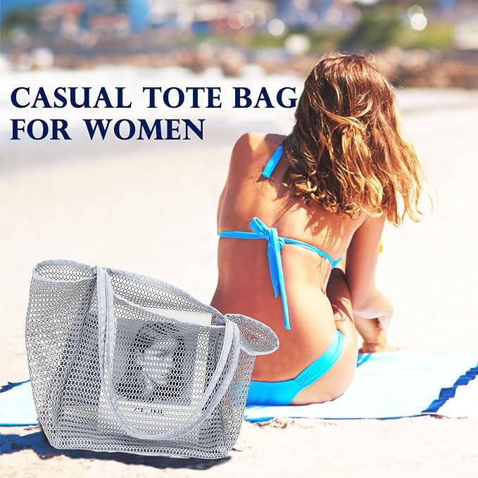 Fammart Mesh Beach Bag, Large Beach Tote with Zipper Pocket, Toys Pool Bag for Family Travel Vacation Cruise Essentials
