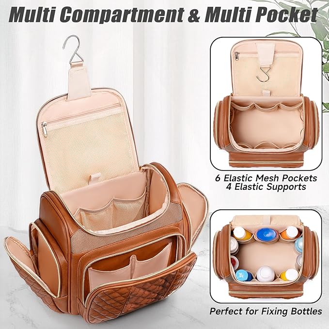 Large Leather Toiletry Bag for Women Men,Bathroom Bag,Water Resistant Shower Bag,Makeup Bag,Portable Shower Caddy for College Dorm,Hanging Travel Toiletry Bag with Transparent Waterproof Phone Pocket