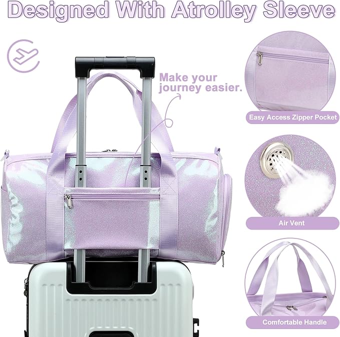 BTOOP Duffle Bag for Girls Kids Gym Sports Women Workout Travel Bag Weekender with Shoe Compartment and Wet Pocket (Purple)