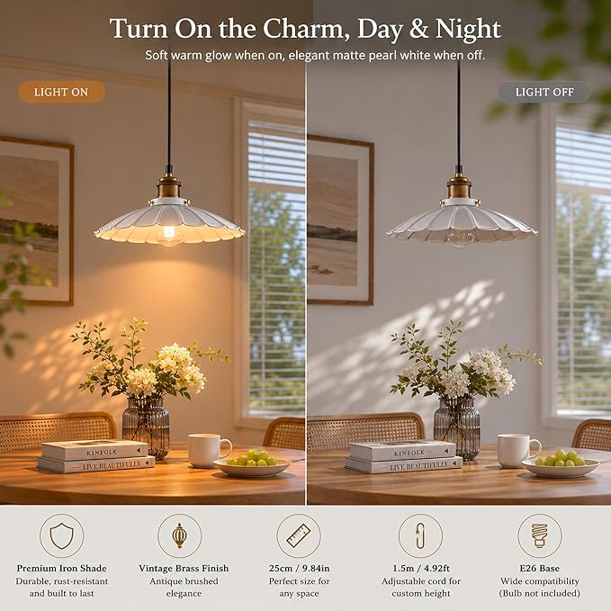 White Pendant Lights, Modern Hanging Lamp with 9.8 Inch Industrial Shade for Kitchen Island, Farmhouse Pendant Lights Kitchen Island 6.5Ft Adjustable Cord Pendant Light Fixtures