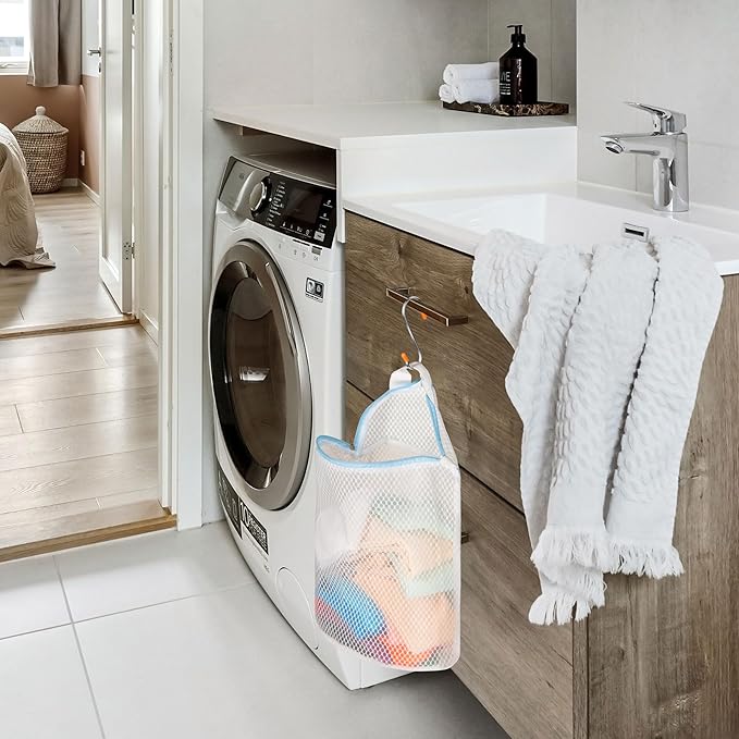 5Pcs Hanging Laundry Bags for Socks with S Hooks,12 X 10 inch 5 Color Mesh Laundry Bags for Washing Machine
