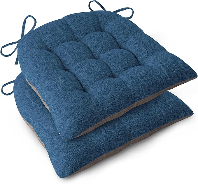 Chair Cushions for Dining Chairs Set of 2 Durable D-Shaped Seat Cushions with Non-Slip Backing Secure Ties Thick Cozy Seat Pad for Kitchen Dining Room Office(18x16.5x3in Navy)