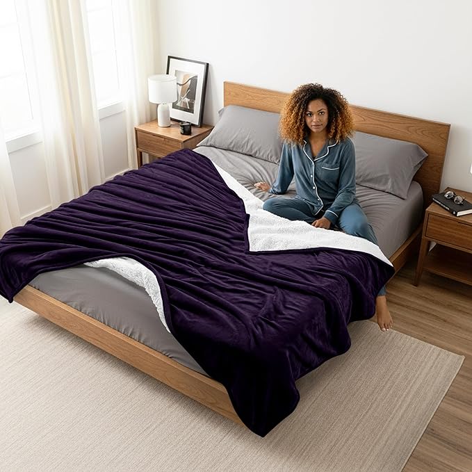 Utopia Bedding Sherpa Blanket California King Size (Plum, 102x96 Inches) - Soft Plush Fleece Reversible Blanket for Bed, Sofa, Couch, Camping and Travel