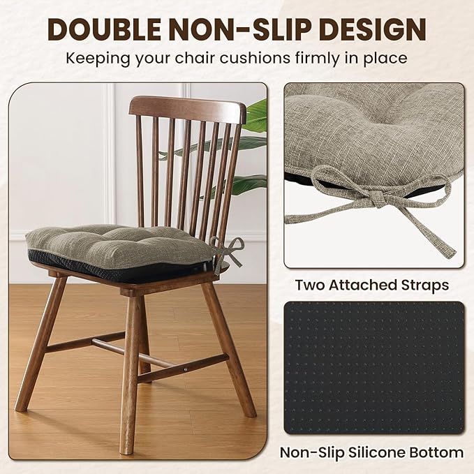 downluxe Indoor Chair Cushions for Dining Chairs, Tufted Overstuffed Textured Memory Foam Kitchen Chair Pads with Ties and Non-Slip Backing, 15.5" x 15.5" x 4", Khaki, 4 Pack