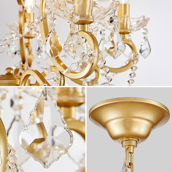 Crystal Chandelier, 5-Light Gold Chandelier for Dining Room Light Fixture, K9 Crystal Pendant Ceiling Light Fixture, Modern Candle Chandelier for Living Room Kitchen Island Entryway Bedroom