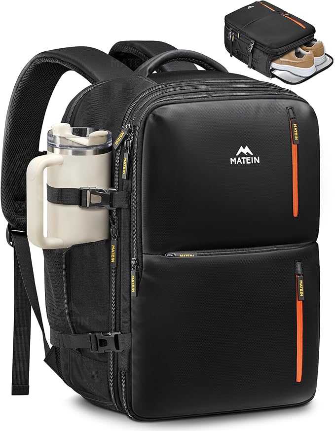 MATEIN Personal Item Travel Backpack 18x14x8 with Shoe Compartment Detachable, Expandable Underseat Backpack for Spirit Airlines Fit 17" Laptop, Airplane Approved Carry on Bag Luggage Mochila, Black