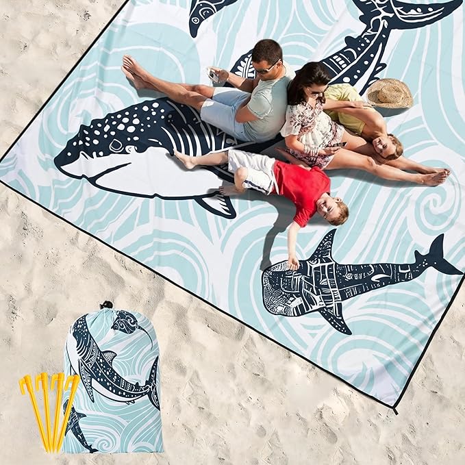 Beach Blanket Waterproof Sandproof Beach Mat 79”x 83” for 1-8 Adults Quick Drying Durable Outdoor Picnic Mat for Beach Festival Travel Camping Hiking (Shark, 79"×83"(4 Person))