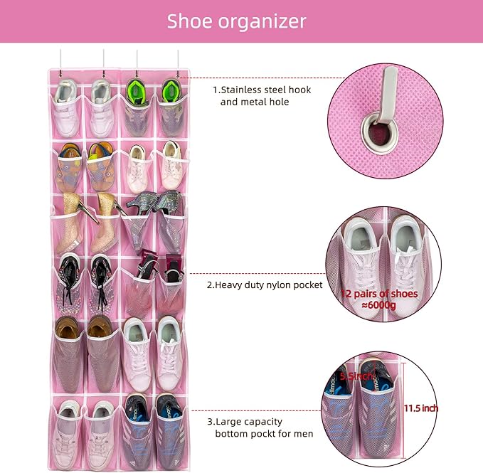 2 Pack Hanging Shoe Organizer，Over Door Shoe Organizer with 24 Mesh Large Pockets Shoe Storage Bag for Sport Shoes Size:58x21 Inch Hanging Door Shoe Rack Organizer (Pink-2pack)