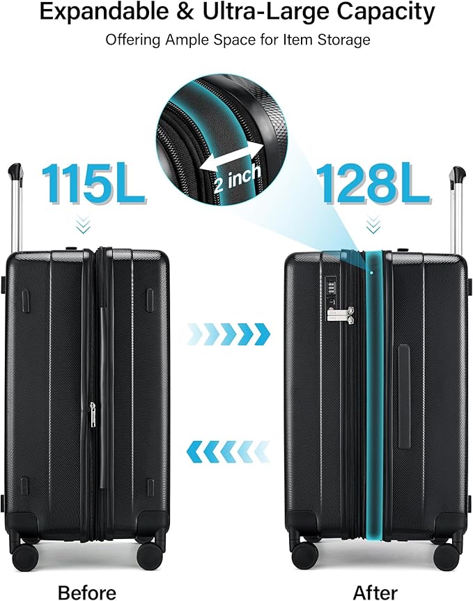 Hanke 29 Inch Plus Expandable Luggage Large Suitcases with Wheels,Checked Luggage Hard Shell Suitcases, PC Trunk Luggage Extra Large Suitcase with Lock for Women Men(Jet Black)