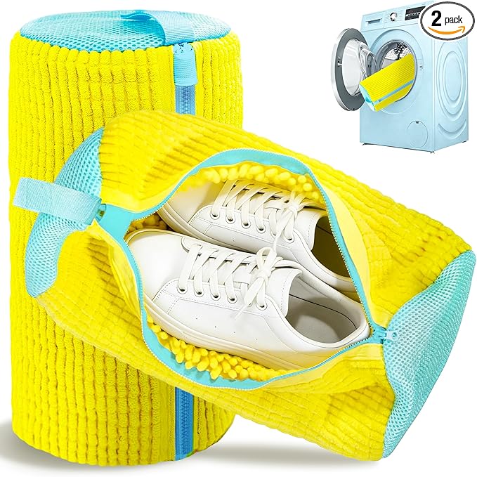 Set of 2 Reusable Shoe Laundry Bags, 360° Deep Clean, Noise-Reducing Sneaker Washing Bags for Machine Wash, Protect Shoes & Washer Drum, Anti-Skid Zipper, Durable Chenille Interior