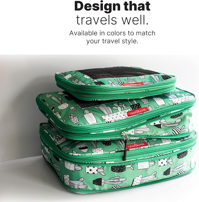 LeanTravel Premium Compression Packing Cubes for Travel - Suitcase Organizer Bags with Double Zipper & Breathable Mesh Panel - Space Saving Carry On Luggage Essentials (6-Pack, Green Cactus)