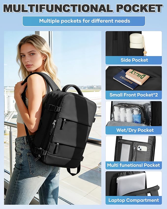 VGCUB Vacuum Backpack Travel with Electric Pump Vacpack System Storage Compression Carry on Laptop Work Business Waterproof College Bags Casual Daypack Backpacks for Women Men Black