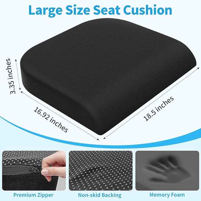 Large Seat Cushion，Soft Foam Cushion for Long Sitting Hours on Office Chair, Home & Car, Non-Slip Chair Pad for Relieving Back & Sciatica & Hip & Coccyx Pain (Black)