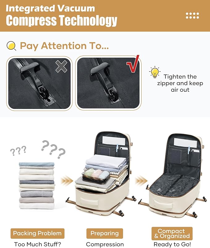 Vacuum Backpack Travel with Pump,Vacuum Sealed Backpack,Travel Backpack with Vacuum System,40x30x20 Airbag Travel,Laptop Vacpack Backpacks Bag Airline Flight Approved,Beige