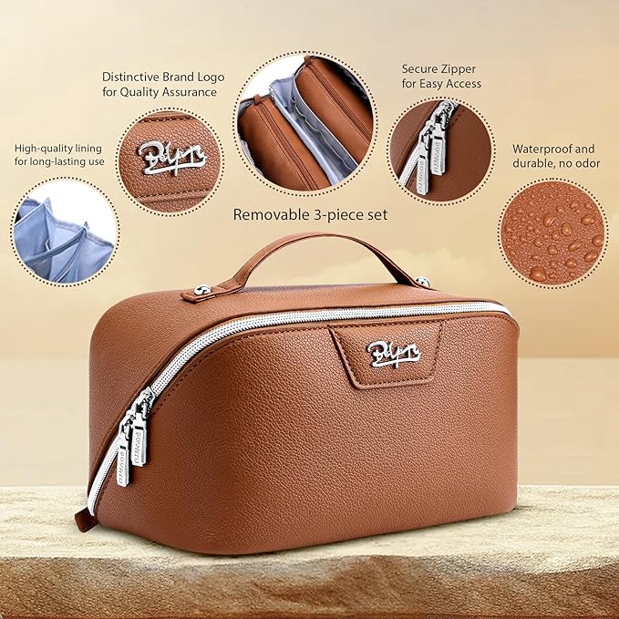 BOYATU Travel Makeup Bag Cosmetic Bags for Women: Large Capacity 3 Pcs Set Make up Bag with Compartments - Waterproof Vegan Leather Toiletry Organizer Bags with Handle (L25Brown)