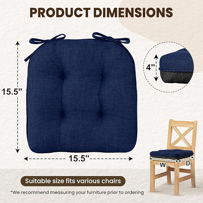 downluxe Indoor Chair Cushions for Dining Chairs, Tufted Overstuffed Textured Kitchen Chair Pads with Ties and Non-Slip Backing, 15.5" x 15.5" x 4", Royal Blue, 6 Pack