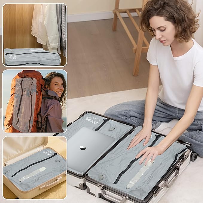 ONTYZZ Vacuum Bags for Travel, Reusable Vacuum Compression Bag, Recycled IPX8 Waterproof Space Saver Bag for Luggage/Camping/Home Storage (2 Pack with Air Pump-Grey)