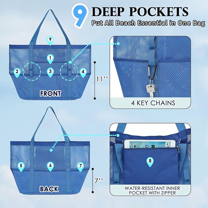 Fammart Mesh Beach Bag, Large Beach Tote with Zipper Pocket, Toys Pool Bag for Family Travel Vacation Cruise Essentials